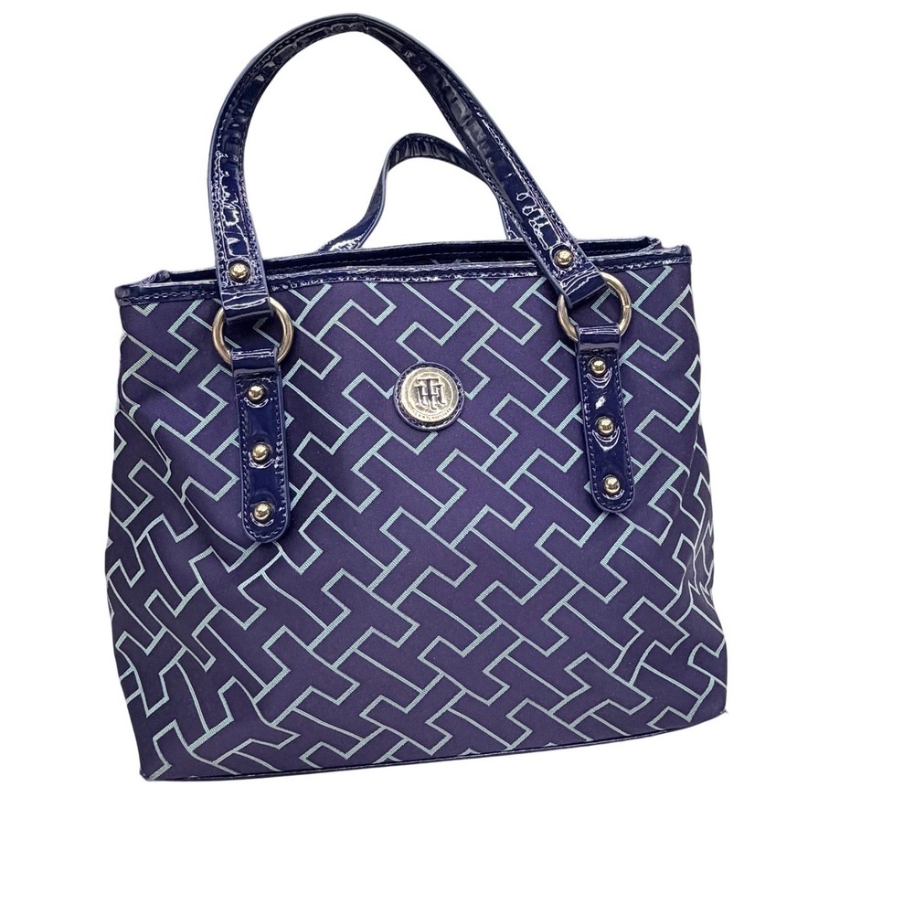 Tommy Hilfiger‎ Navy Blue Green Monogram Geometric Tote Shoulder Bag Preppy